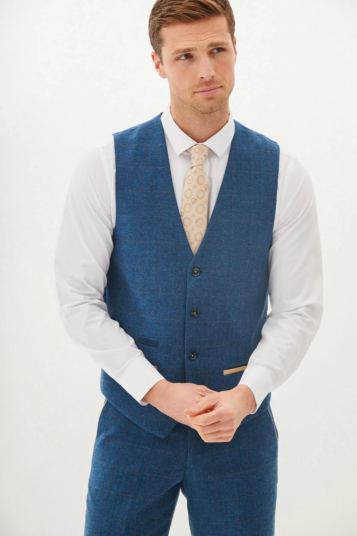 50% OFF - MARC DARCY Men's Dion Single Breasted Waistcoat - Blue Tweed Check - Size: UK 44