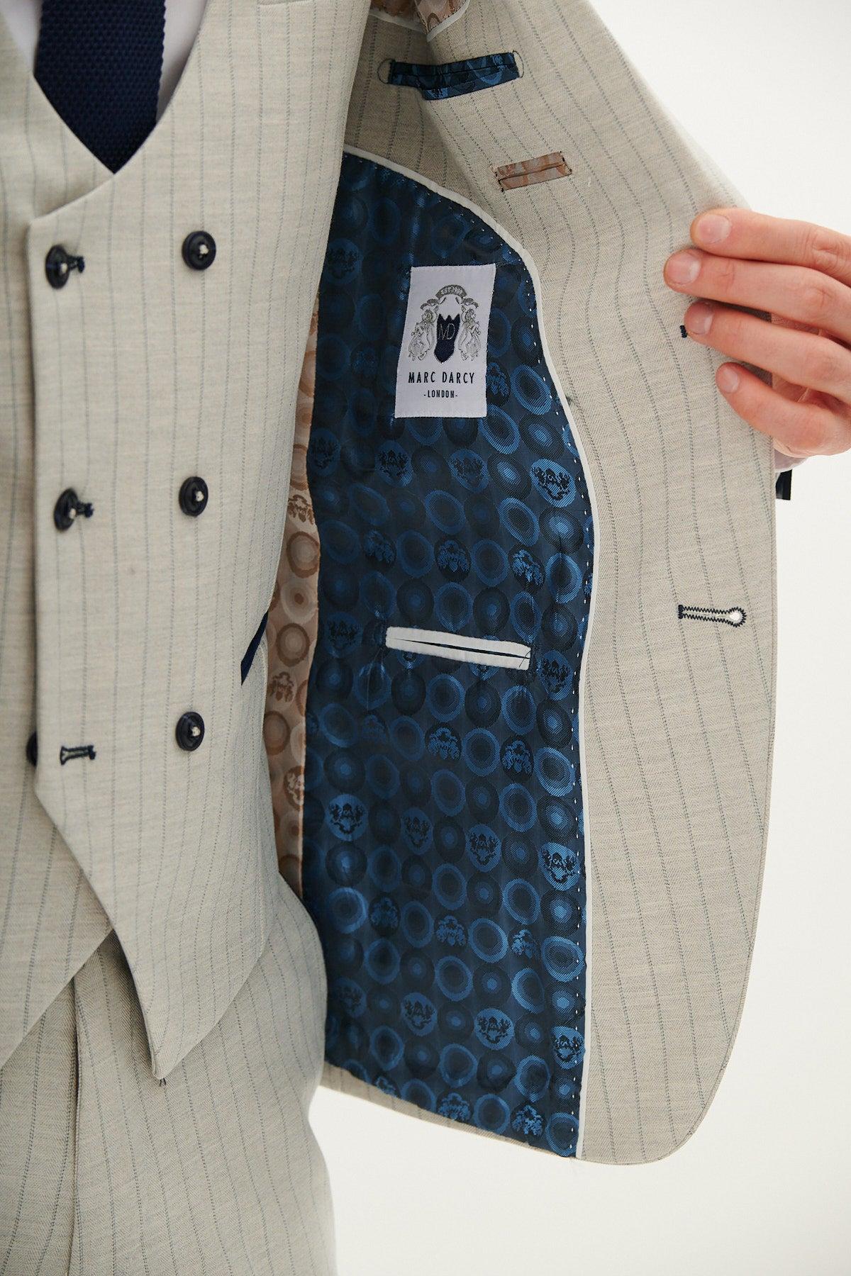 50% OFF - MARC DARCY Grant Three Piece Suit - Mens Slim Fit - Stone Pinstripe - Size: 44 Regular With 38 Trousers - Image 2