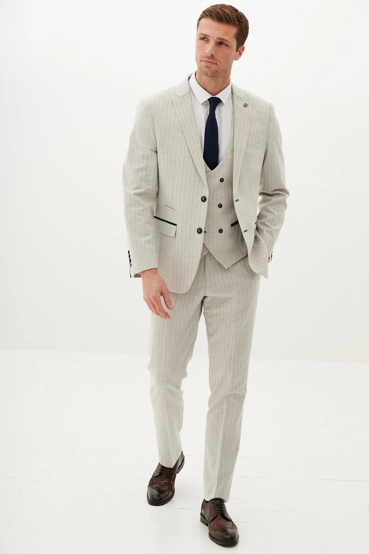 50% OFF - MARC DARCY Grant Three Piece Suit - Mens Slim Fit - Stone Pinstripe - Size: 44 Regular With 38 Trousers - Image 3