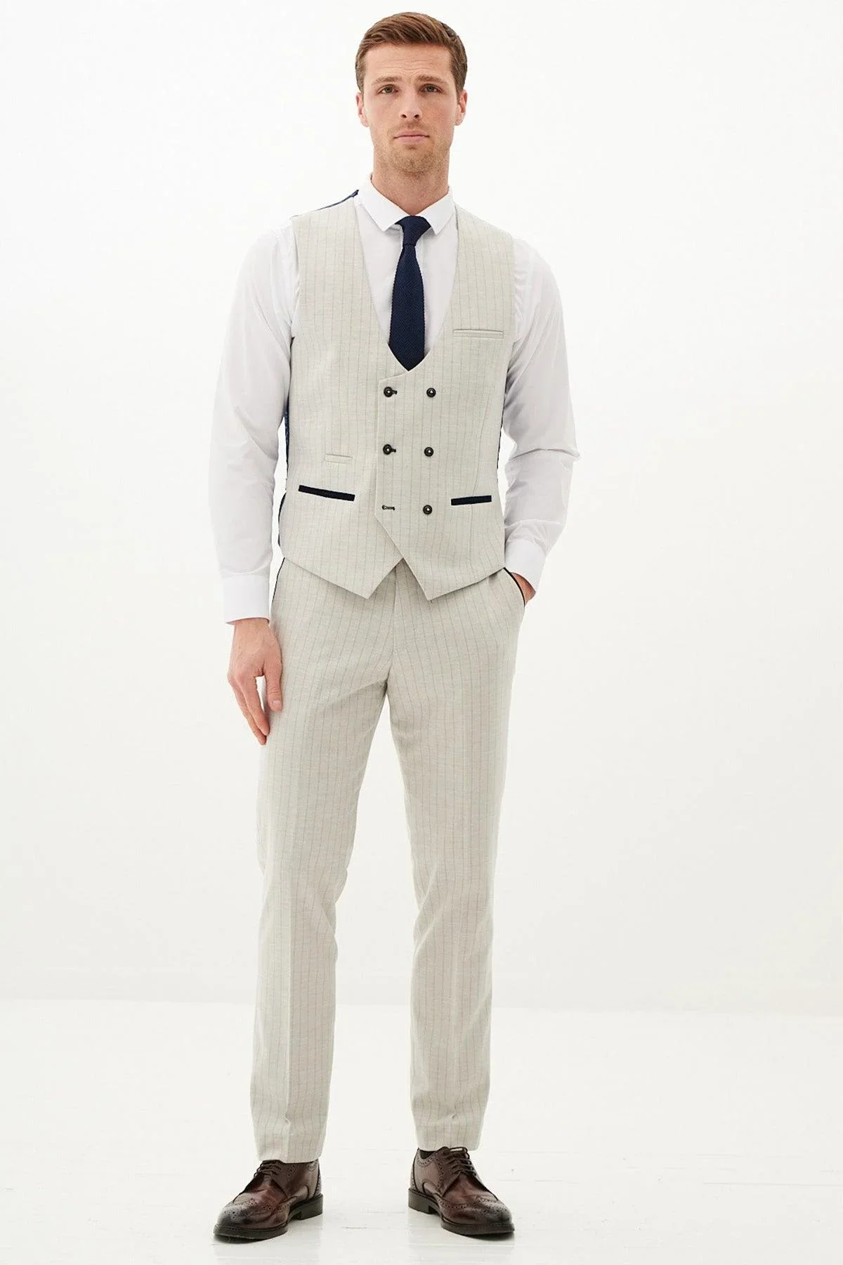 50% OFF - MARC DARCY Grant Three Piece Suit - Mens Slim Fit - Stone Pinstripe - Size: 44 Regular With 38 Trousers - Image 6