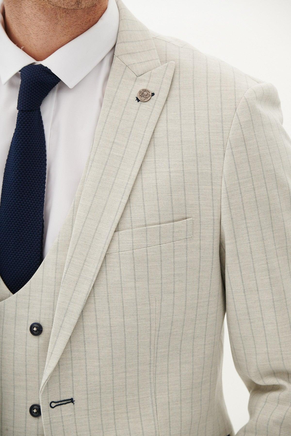 50% OFF - MARC DARCY Grant Three Piece Suit - Mens Slim Fit - Stone Pinstripe - Size: 44 Regular With 38 Trousers - Image 8