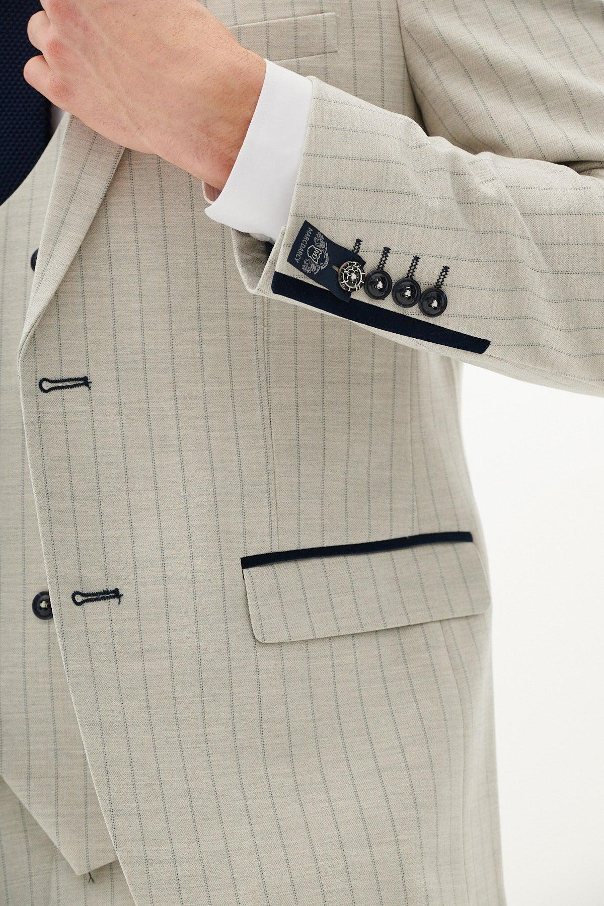 50% OFF - MARC DARCY Grant Three Piece Suit - Mens Slim Fit - Stone Pinstripe - Size: 44 Regular With 38 Trousers - Image 9