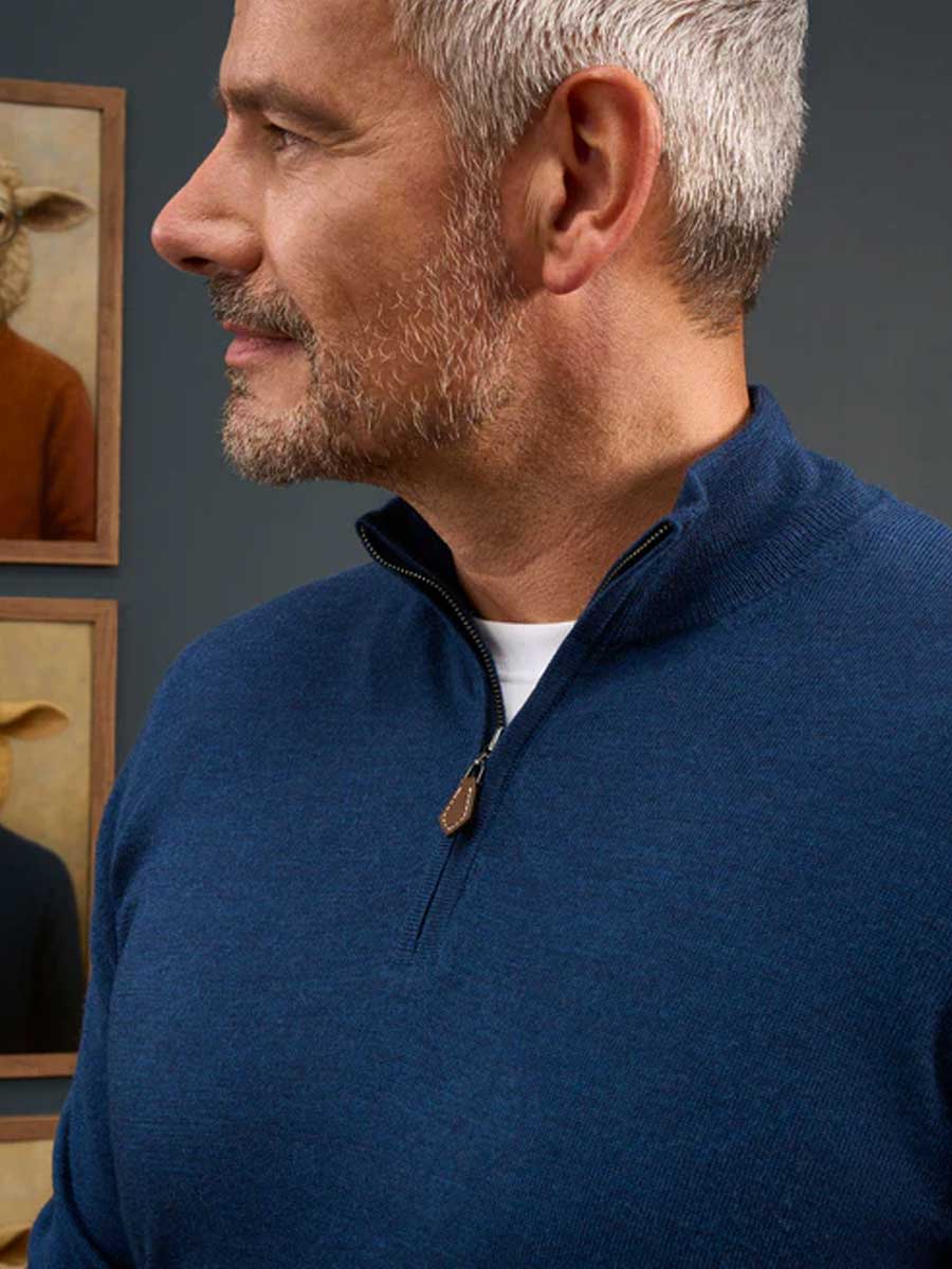 ALAN PAINE Barton 1/4 Zip Merino Wool Sweater - Mens - Indigo - Image 3