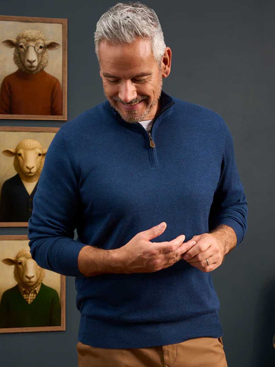 ALAN PAINE Barton 1/4 Zip Merino Wool Sweater - Mens - Indigo - Image 4