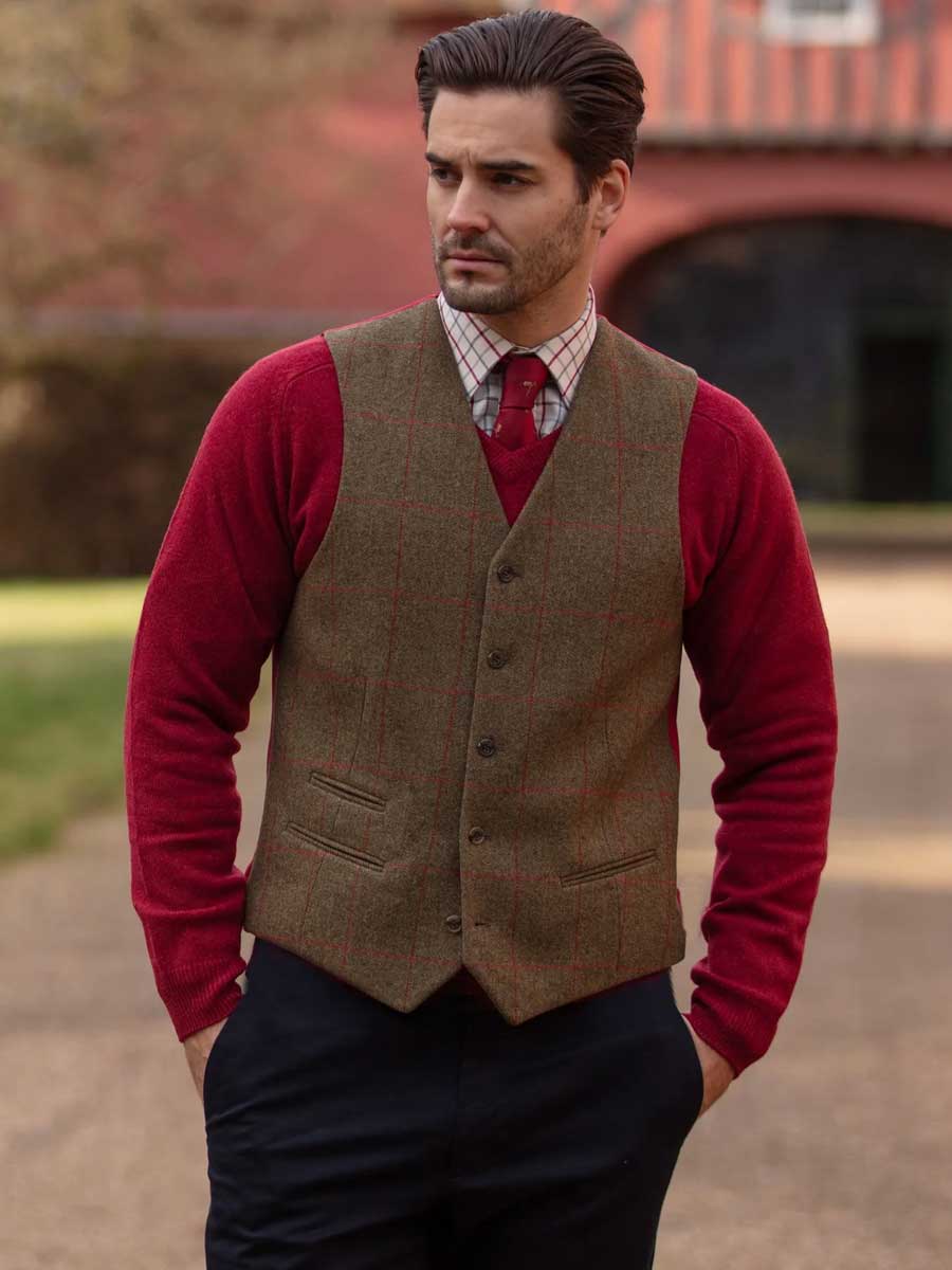 ALAN PAINE Combrook Mens Tweed Lined-Back Waistcoat - Sage - Image 3