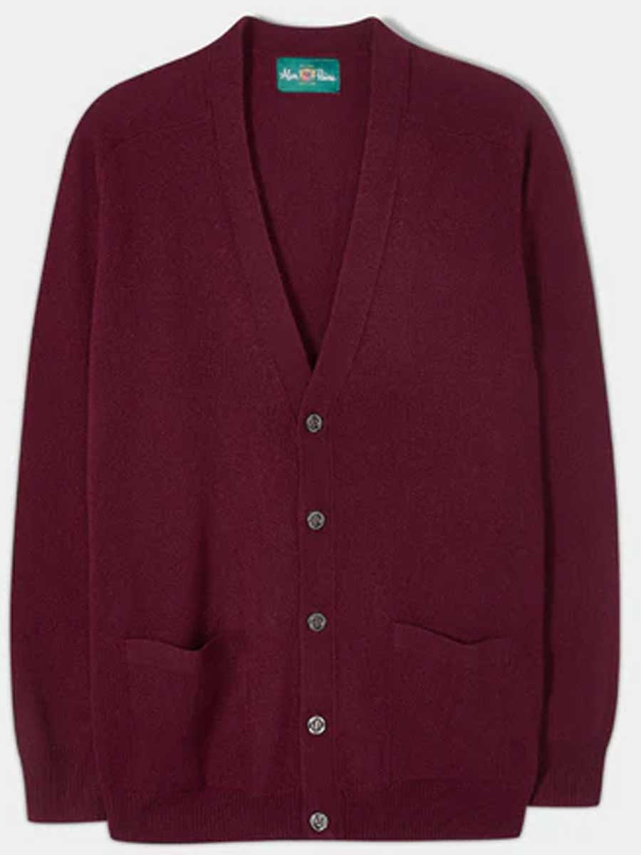 ALAN PAINE Cornwall Lambswool V-Neck Classic Fit Cardigan - Mens - Bordeaux