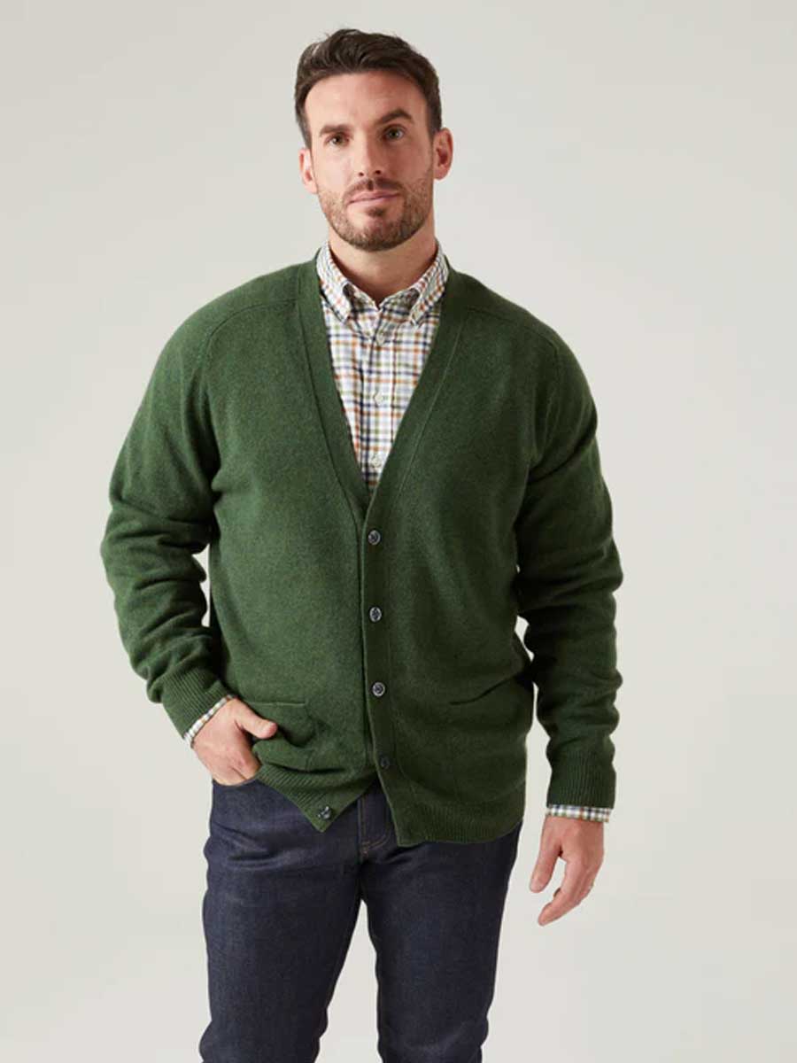 ALAN PAINE Cornwall Lambswool V-Neck Classic Fit Cardigan - Mens - Rosemary - Image 4
