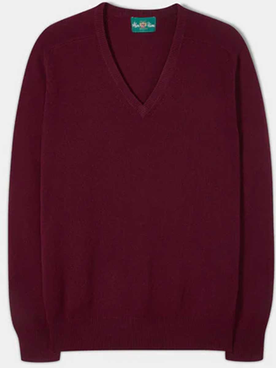 ALAN PAINE Hampshire V Neck Lambswool Classic Fit Jumper - Mens - Bordeaux