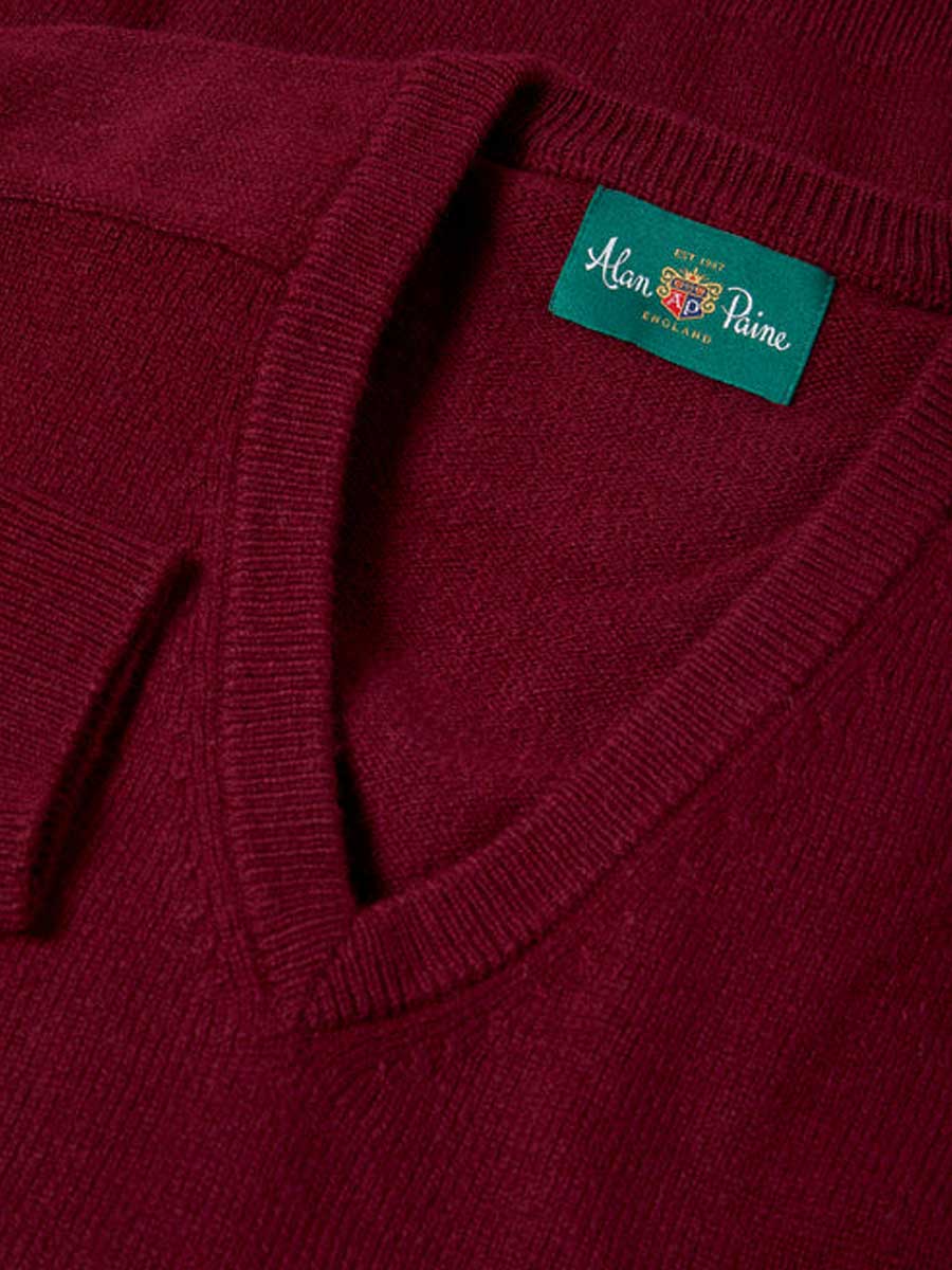 ALAN PAINE Hampshire V Neck Lambswool Classic Fit Jumper - Mens - Bordeaux - Image 3