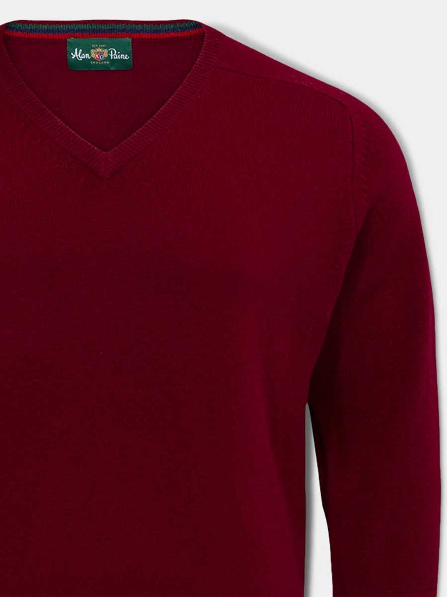 ALAN PAINE Streetly Men's V Neck Lambswool Jumper - Bordeaux - Image 2