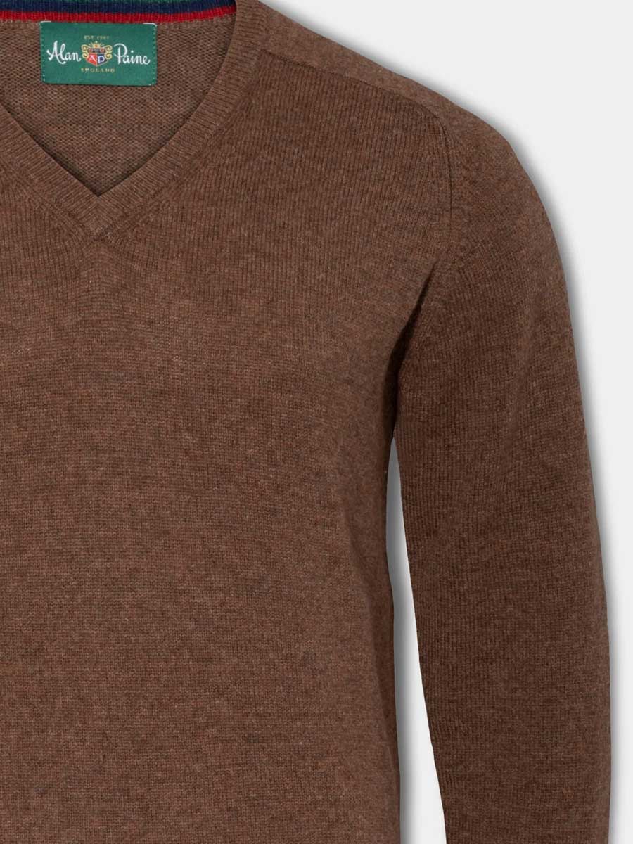 ALAN PAINE Streetly Men's V Neck Lambswool Jumper - Tobacco - Image 2