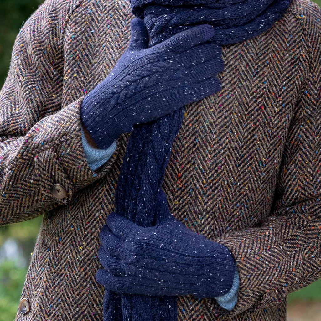 DENTS Lacock Men’s Touchscreen Cable Knit Gloves with Marl Yarn – Navy - Image 2