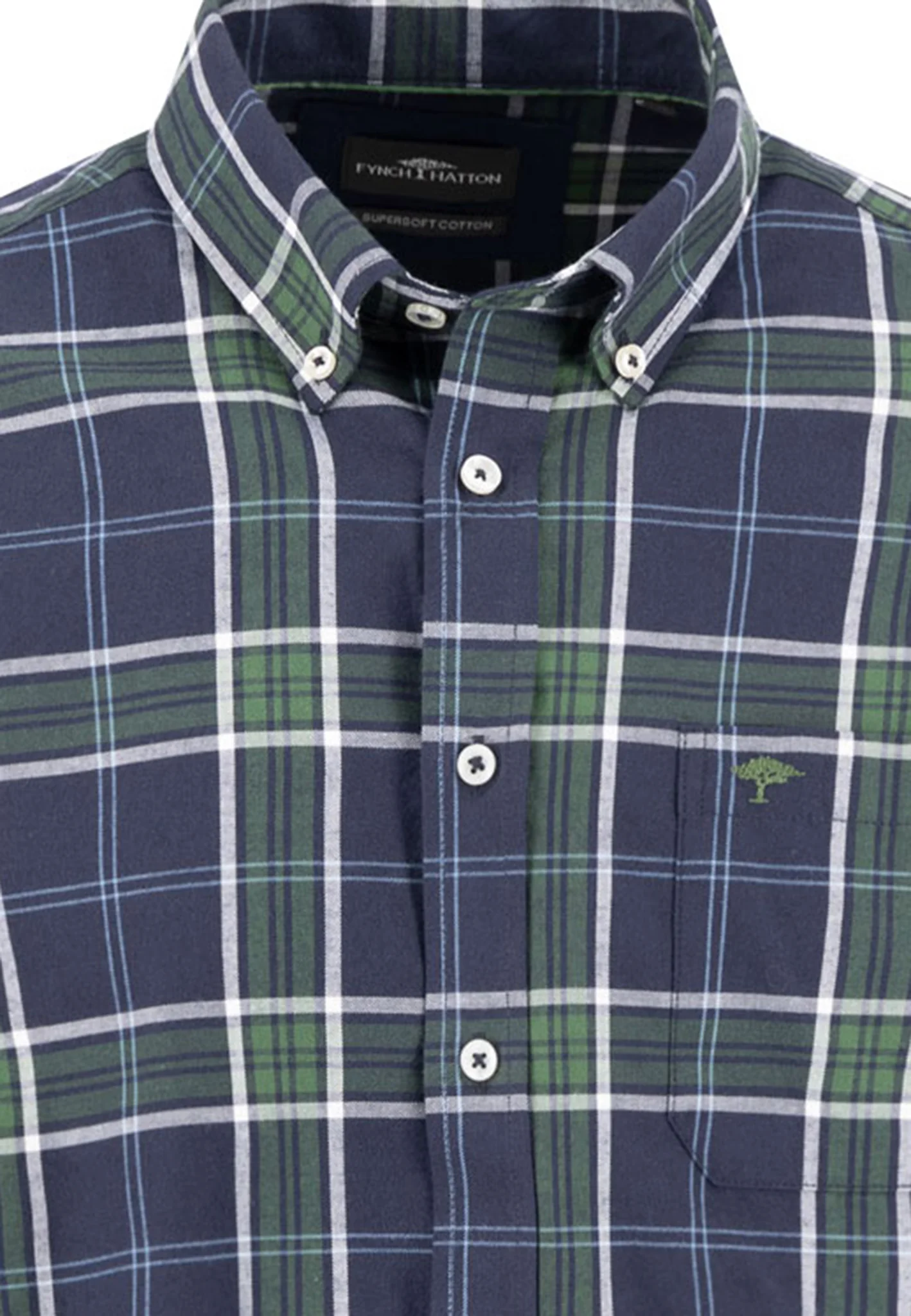 FYNCH HATTON Checked Cotton Shirt – Men’s Button-Down – Green/Blue - Image 2