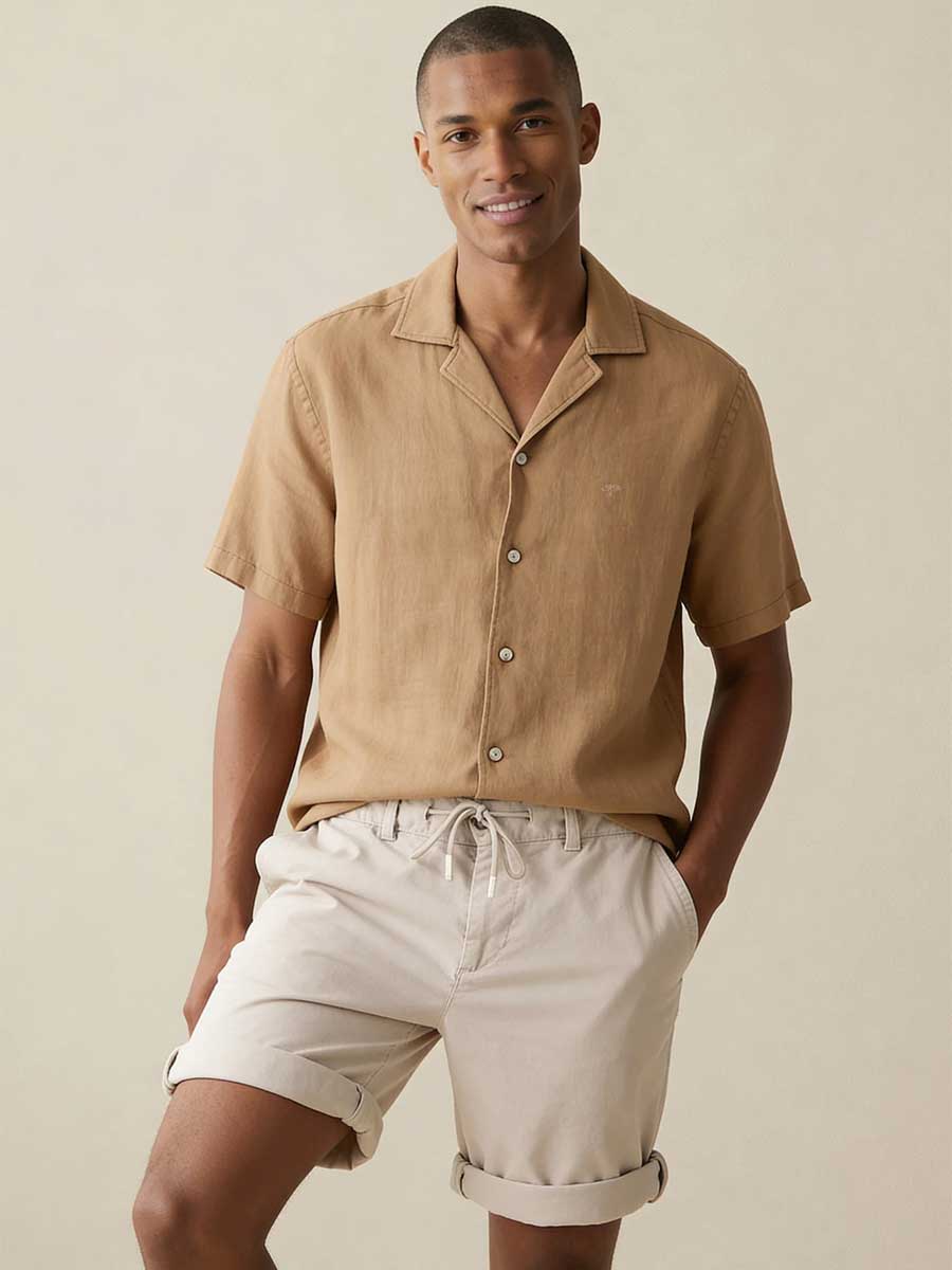 FYNCH HATTON Lapel Collared Short-Sleeve Shirt - Mens Pure Linen - Elephant Grey - Image 2