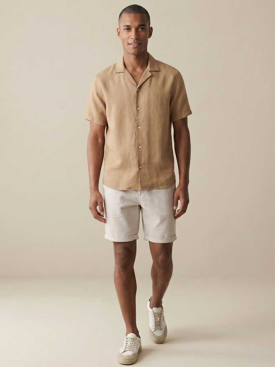 FYNCH HATTON Lapel Collared Short-Sleeve Shirt - Mens Pure Linen - Elephant Grey - Image 4