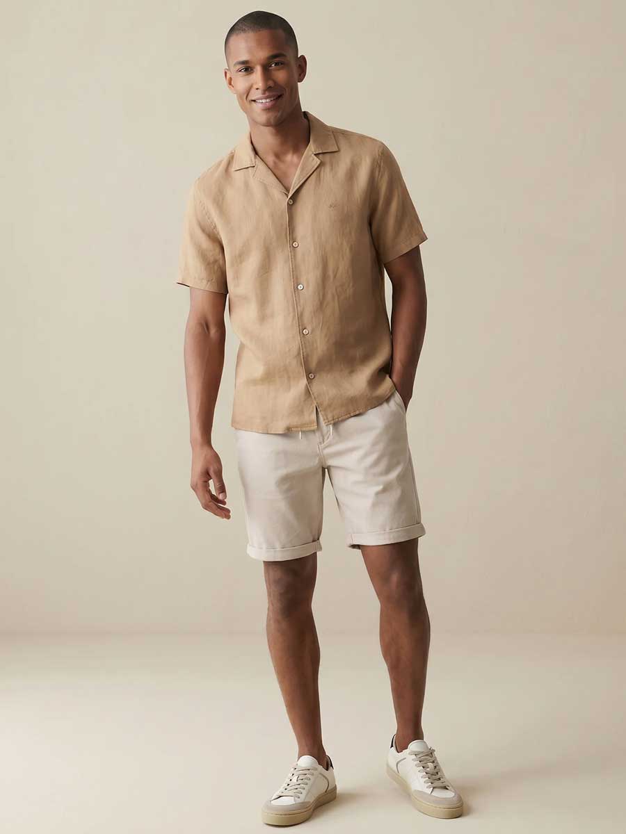 FYNCH HATTON Lapel Collared Short-Sleeve Shirt - Mens Pure Linen - Elephant Grey - Image 5