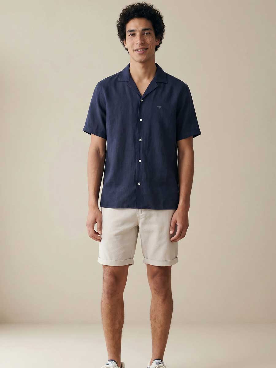 FYNCH HATTON Lapel Collared Short-Sleeve Shirt - Mens Pure Linen - Navy - Image 5