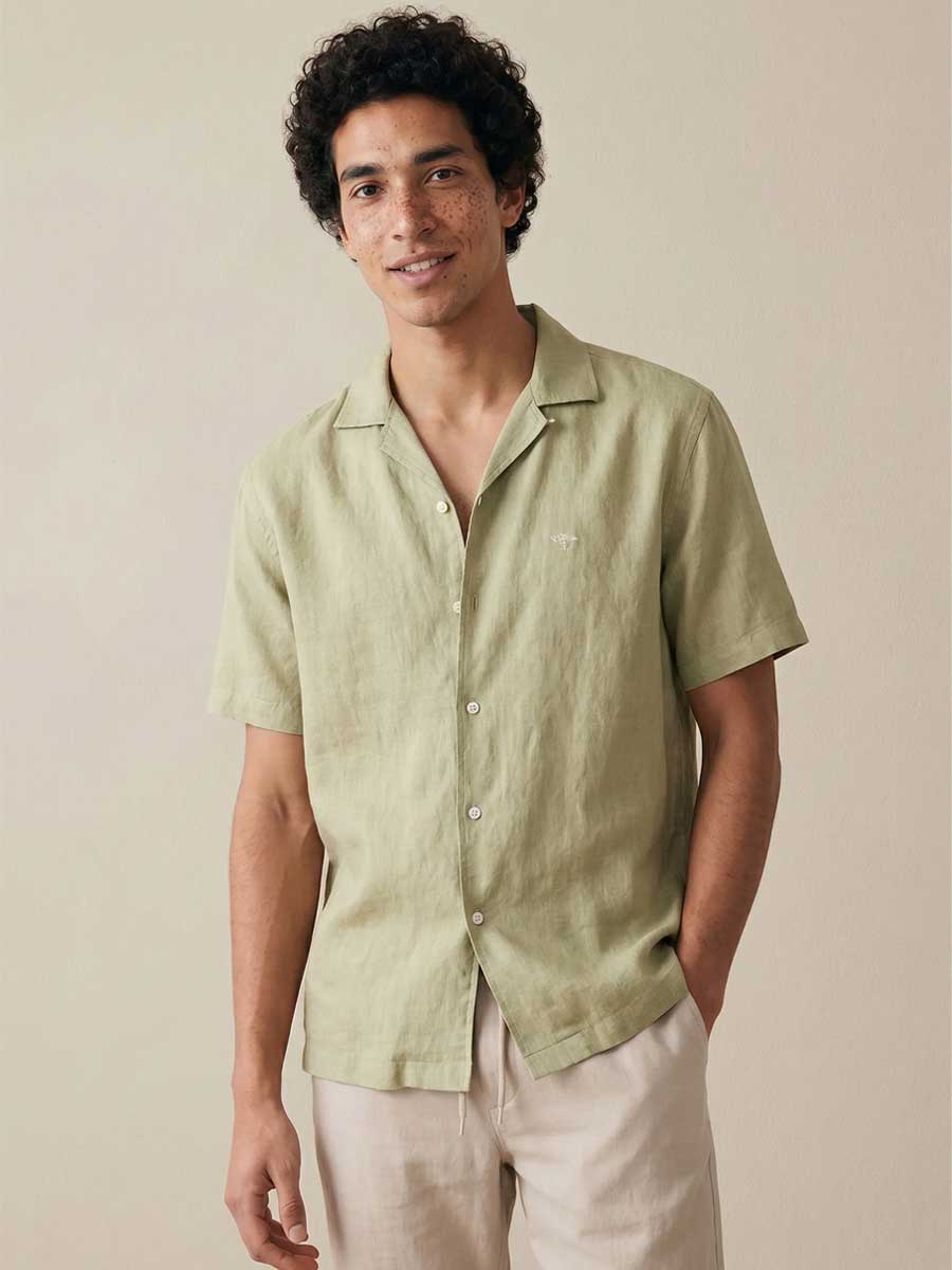 FYNCH HATTON Lapel Collared Short-Sleeve Shirt - Mens Pure Linen - Pistachio - Image 2