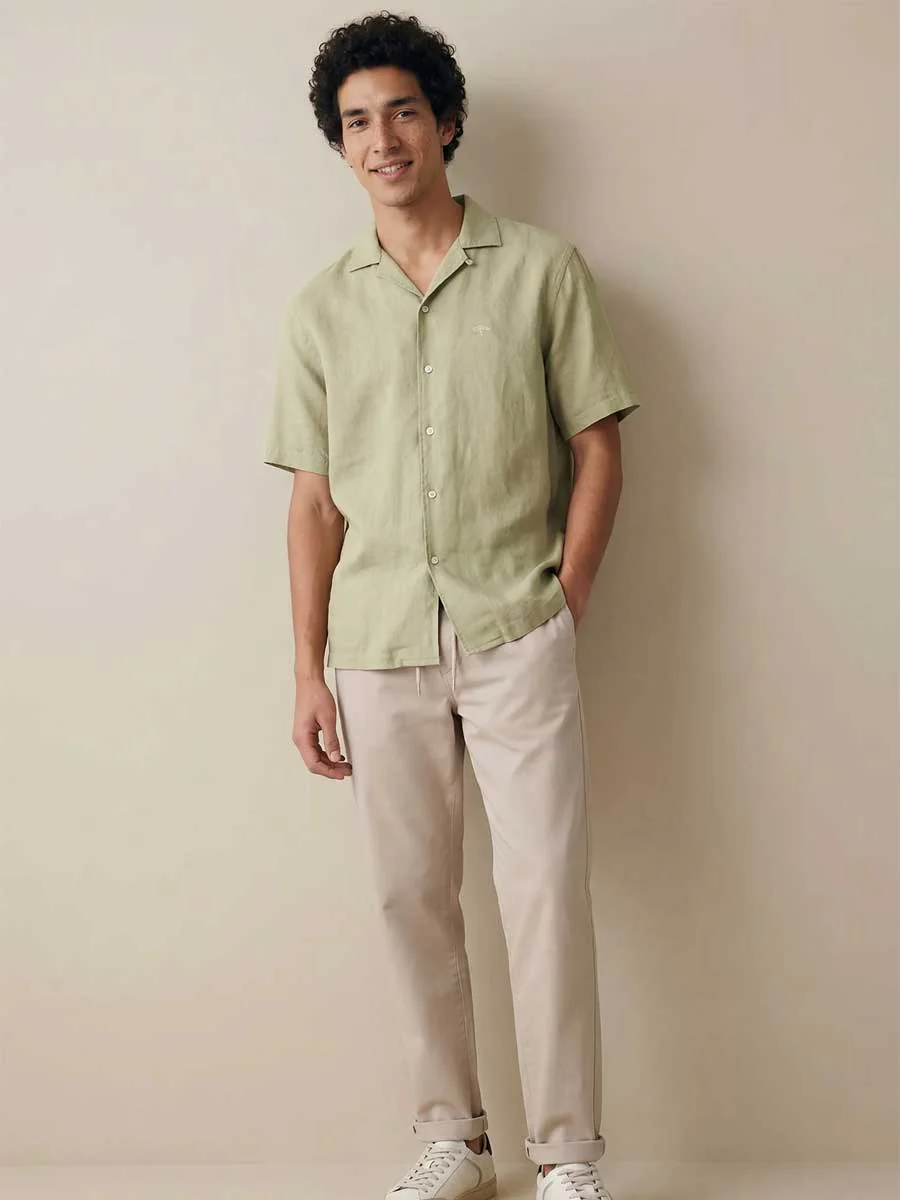 FYNCH HATTON Lapel Collared Short-Sleeve Shirt - Mens Pure Linen - Pistachio - Image 4