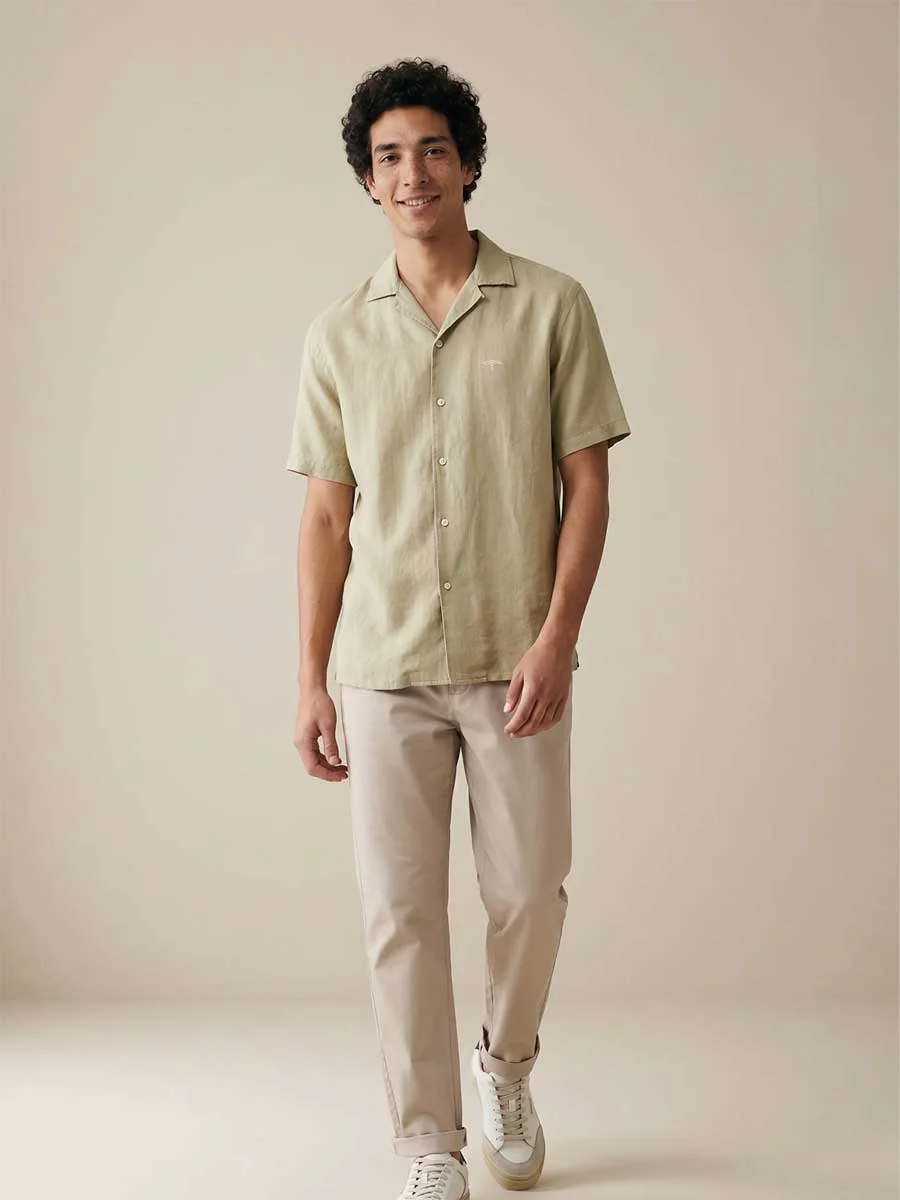 FYNCH HATTON Lapel Collared Short-Sleeve Shirt - Mens Pure Linen - Pistachio - Image 5