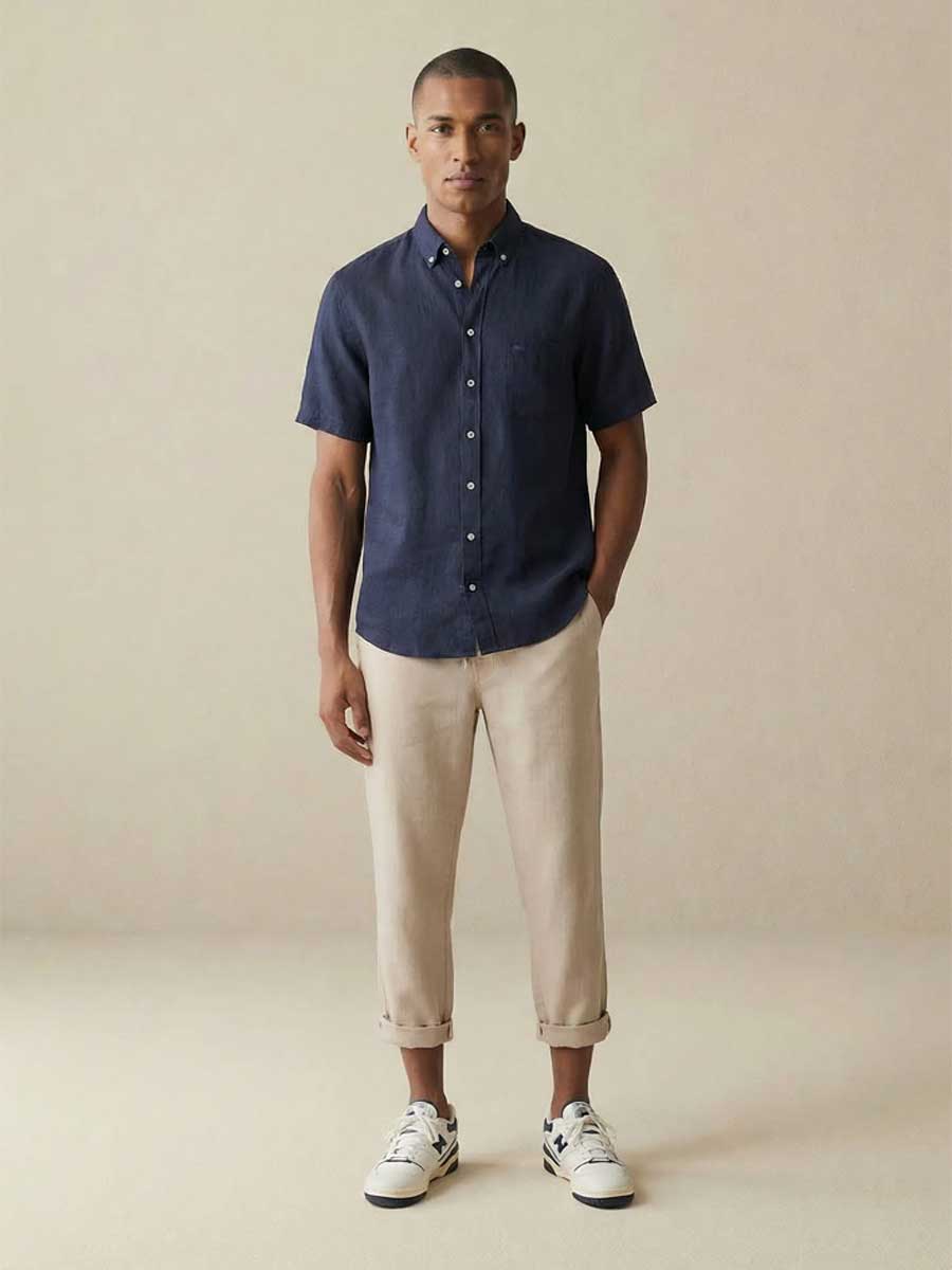 FYNCH HATTON Pure Linen Short-Sleeve Shirt - Men's – Navy - Image 4