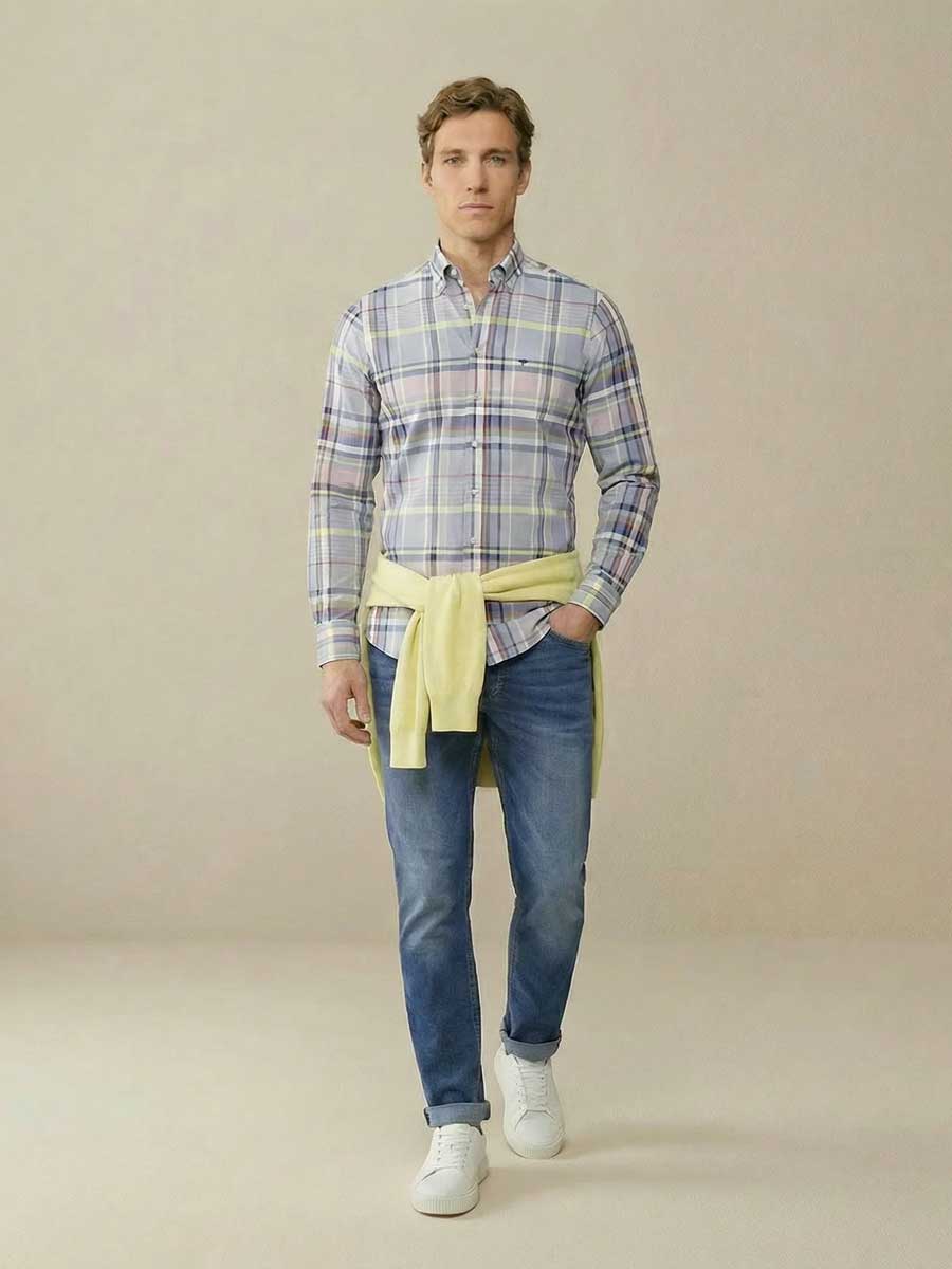FYNCH HATTON Washed Oxford Check Shirt - Men's Button-Down - New Breeze - Image 5