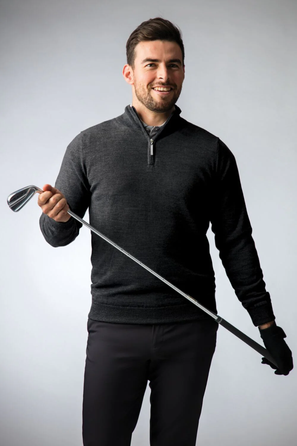 GLENMUIR Samuel Quarter Zip Water Repellent Lined Merino Blend Golf Sweater - Mens - Charcoal - Image 2