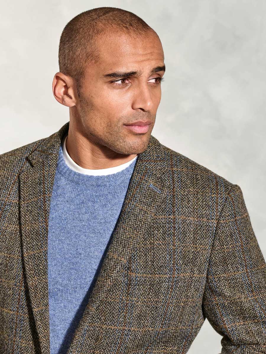 HARRIS TWEED Sumburgh Tailored Fit Jacket - Mens - Green & Blue Herringbone Check - Image 5