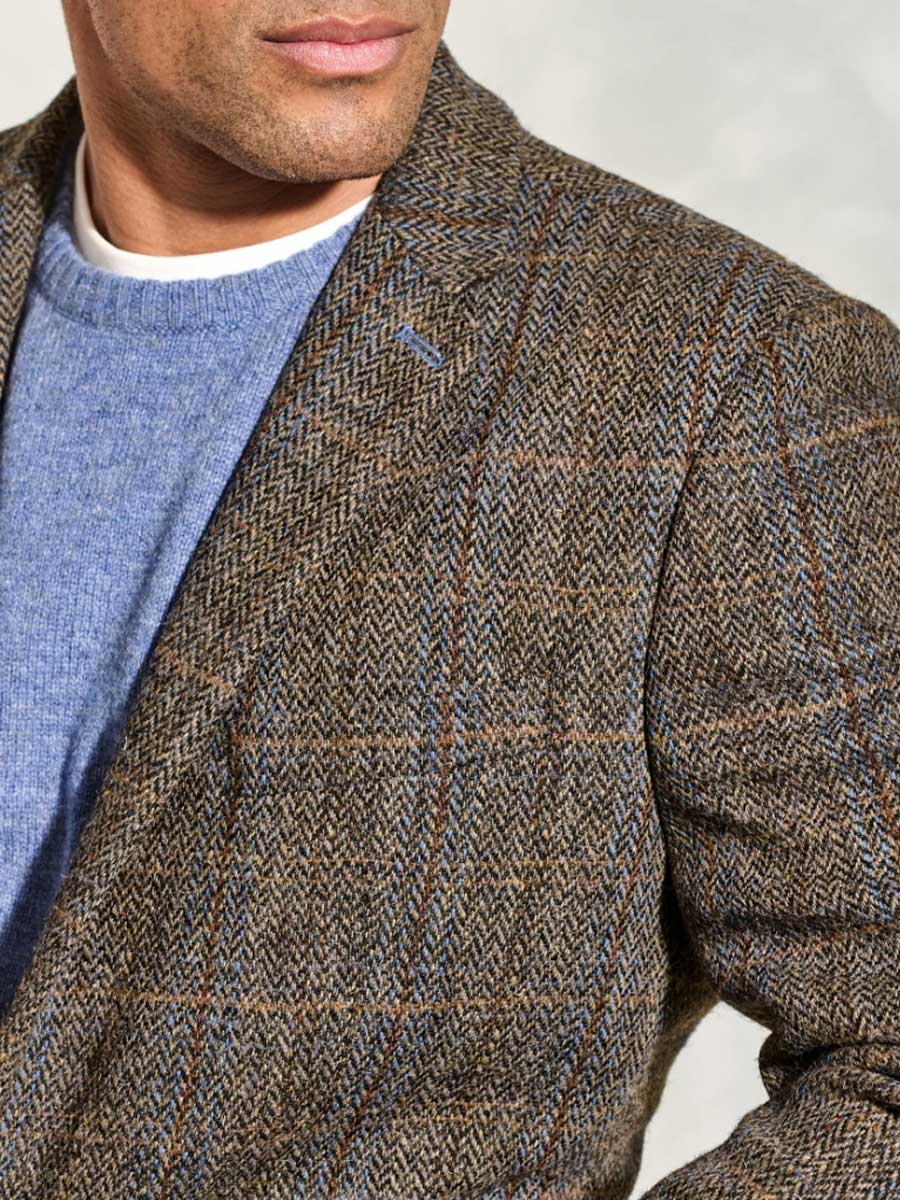 HARRIS TWEED Sumburgh Tailored Fit Jacket - Mens - Green & Blue Herringbone Check - Image 7