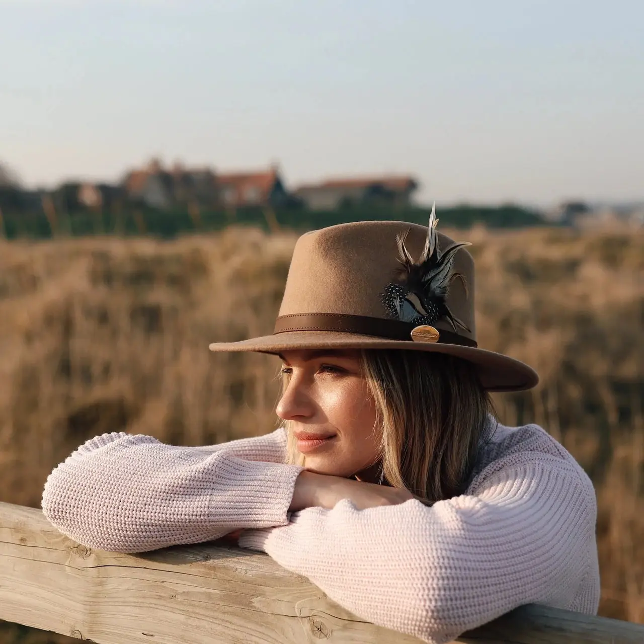 HICKS & BROWN Ladies Suffolk Fedora Hat - Guinea and Pheasant Feather - Camel - Image 4