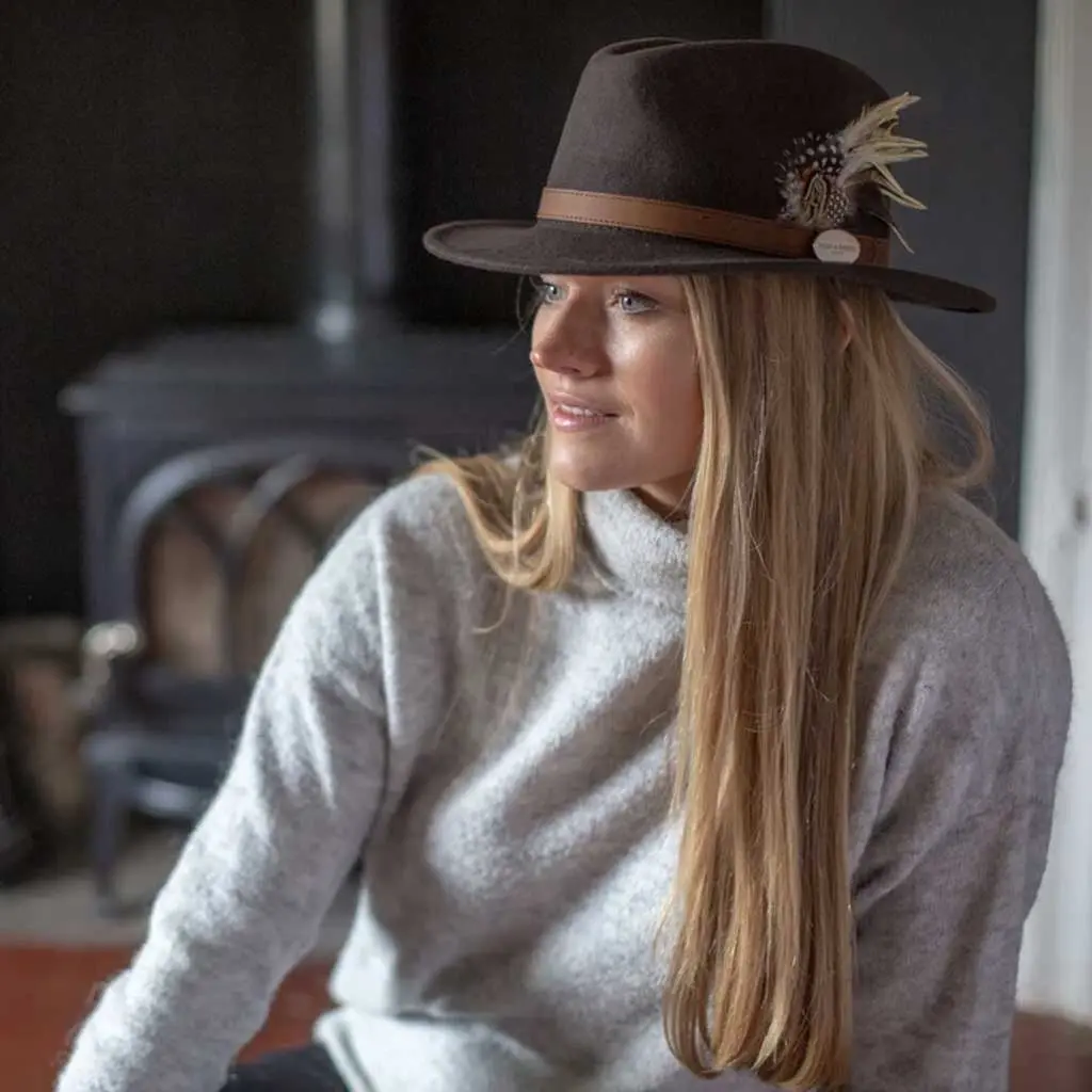 HICKS & BROWN Ladies Suffolk Fedora Hat - Guinea and Pheasant Feather - Dark Brown - Image 2