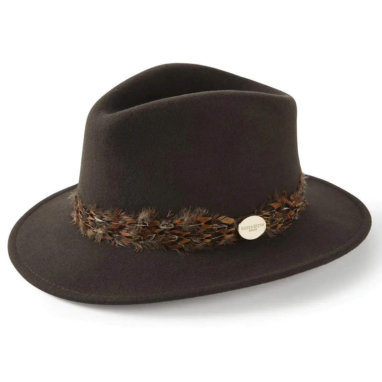 HICKS & BROWN Ladies Suffolk Fedora Hat - Pheasant Feather Wrap - Dark Brown