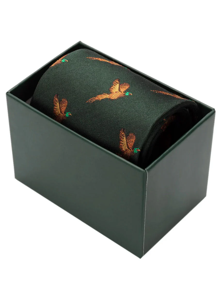 HOGGS OF FIFE 100% Silk Woven Tie Pheasants Boxed - Green - Image 2