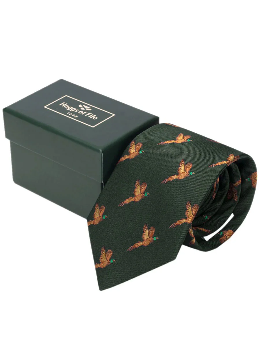 HOGGS OF FIFE 100% Silk Woven Tie Pheasants Boxed - Green - Image 3