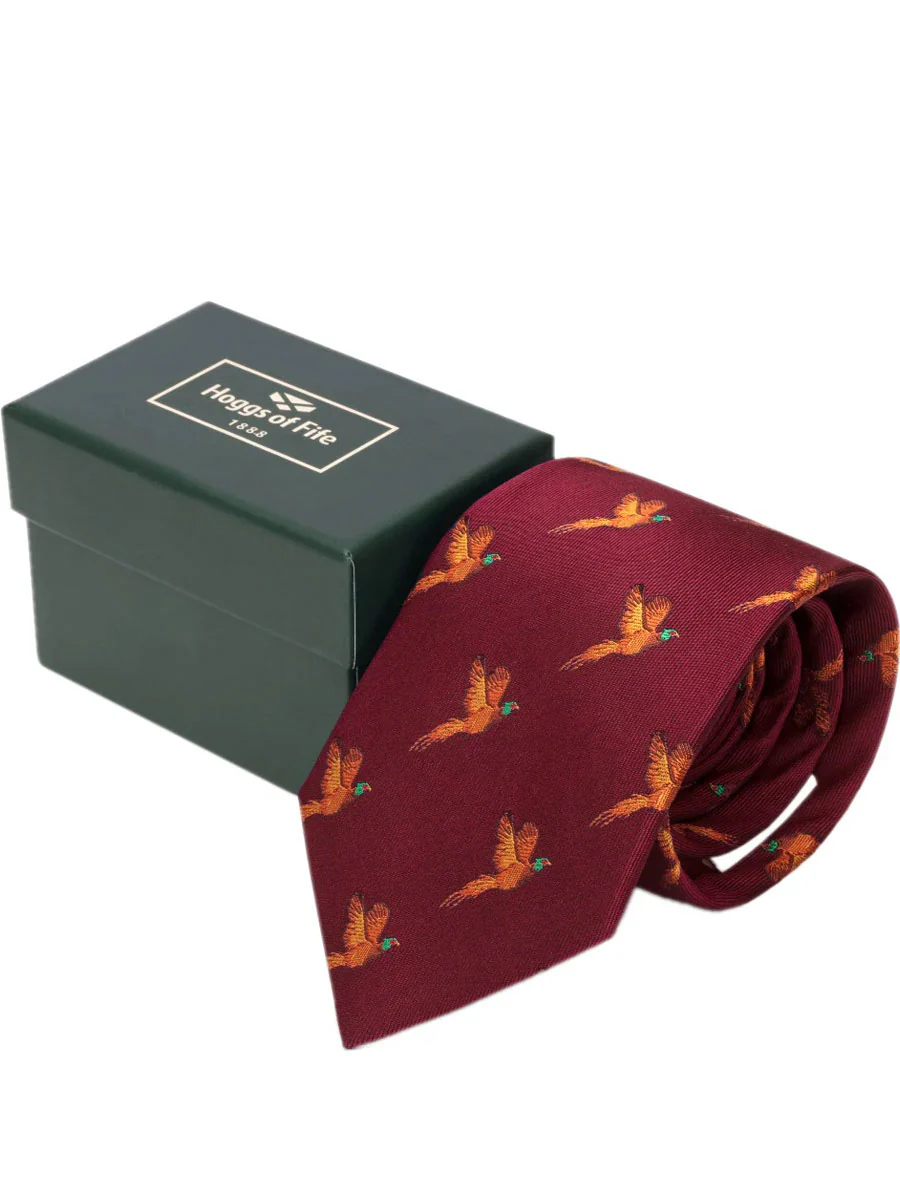 HOGGS OF FIFE 100% Silk Woven Tie Pheasants Boxed - Wine - Image 2