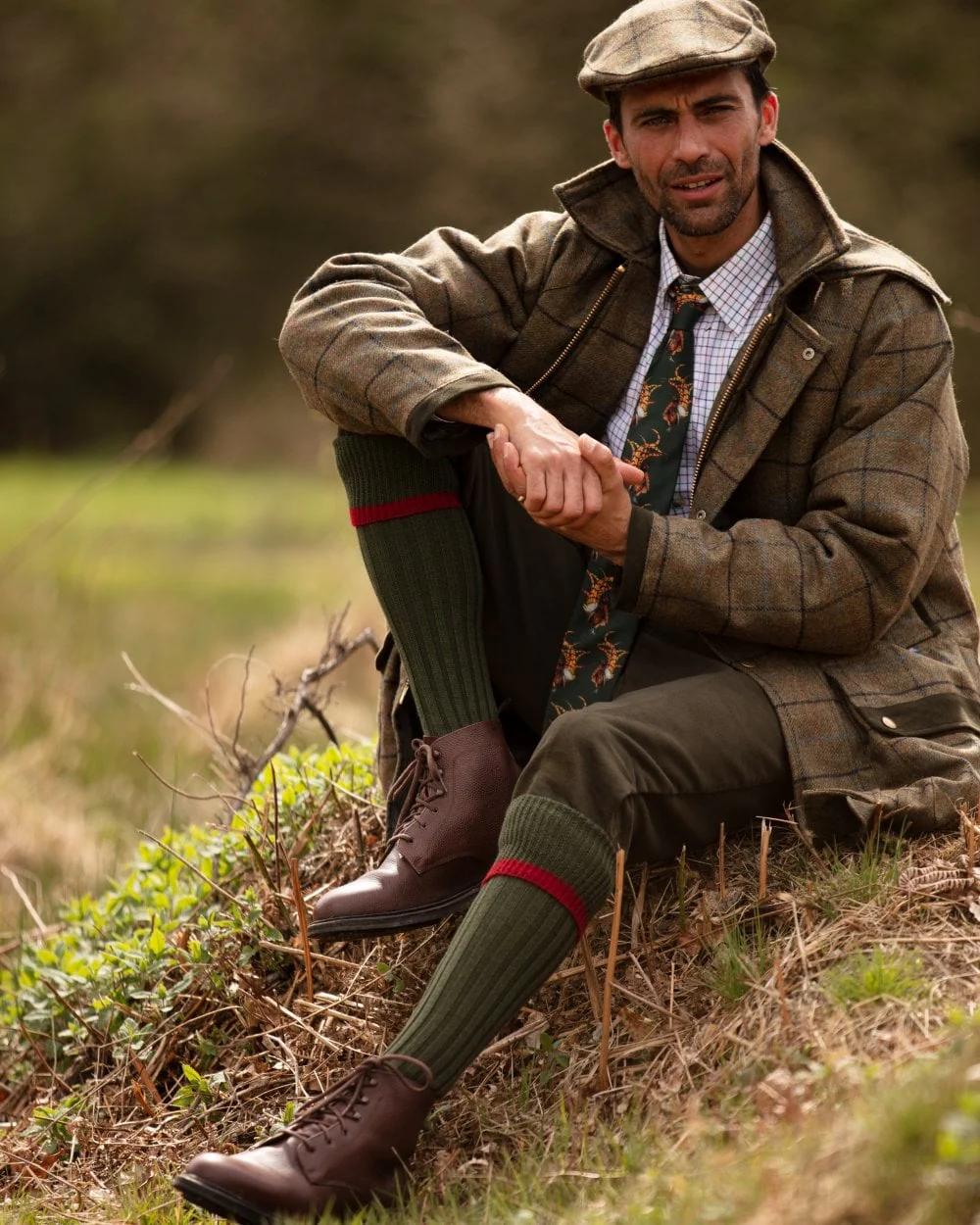 HOUSE OF CHEVIOT Estate Shooting Socks - Mens - Spruce & Brick Red - Image 2