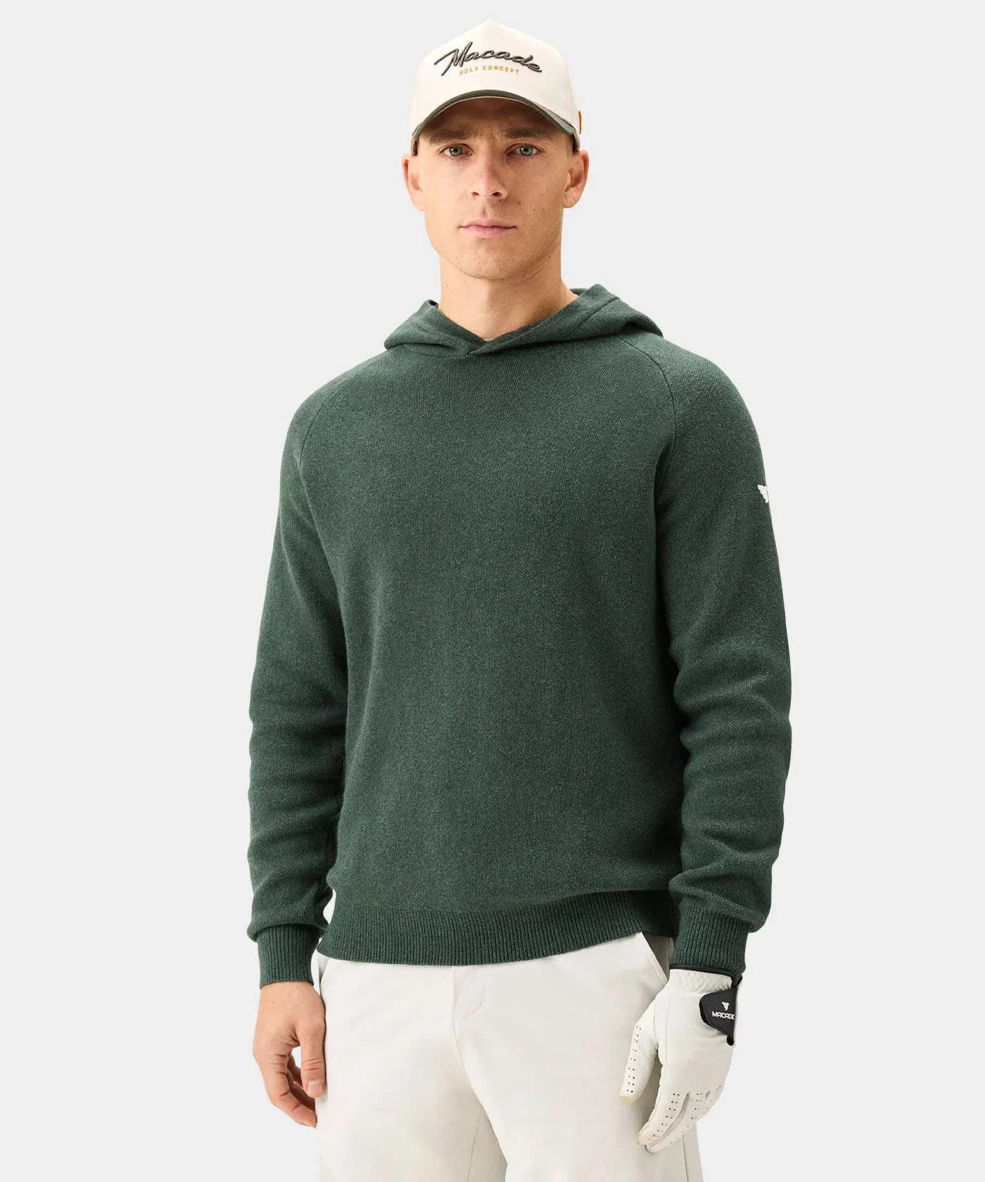 MACADE Men’s Tech Knit Golf Hoodie – Cotton Cashmere Blend – Pine Green
