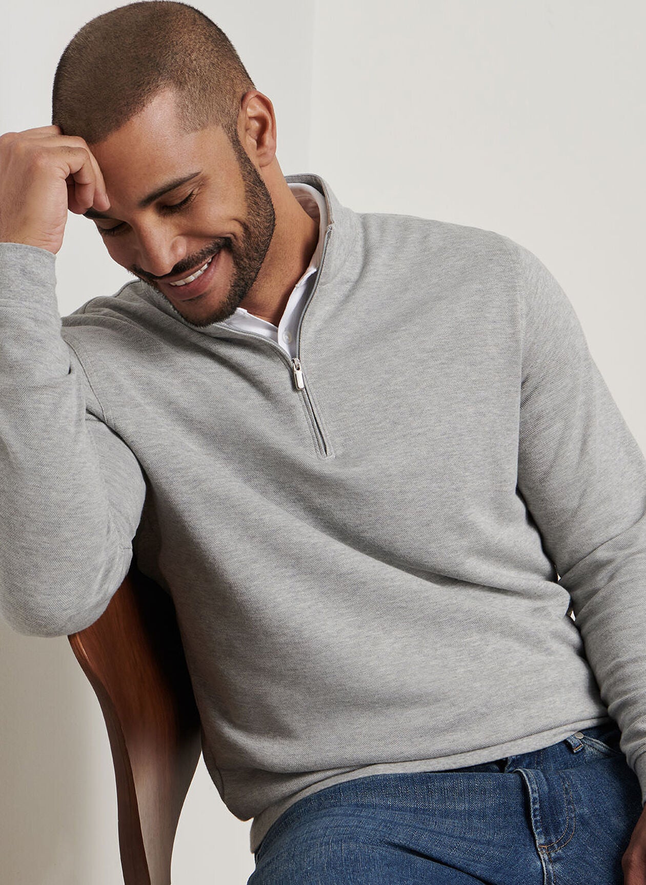 PETER MILLAR Crown Comfort Pique Quarter Zip Sweater - Men's Classic Fit - Light Grey - Image 2