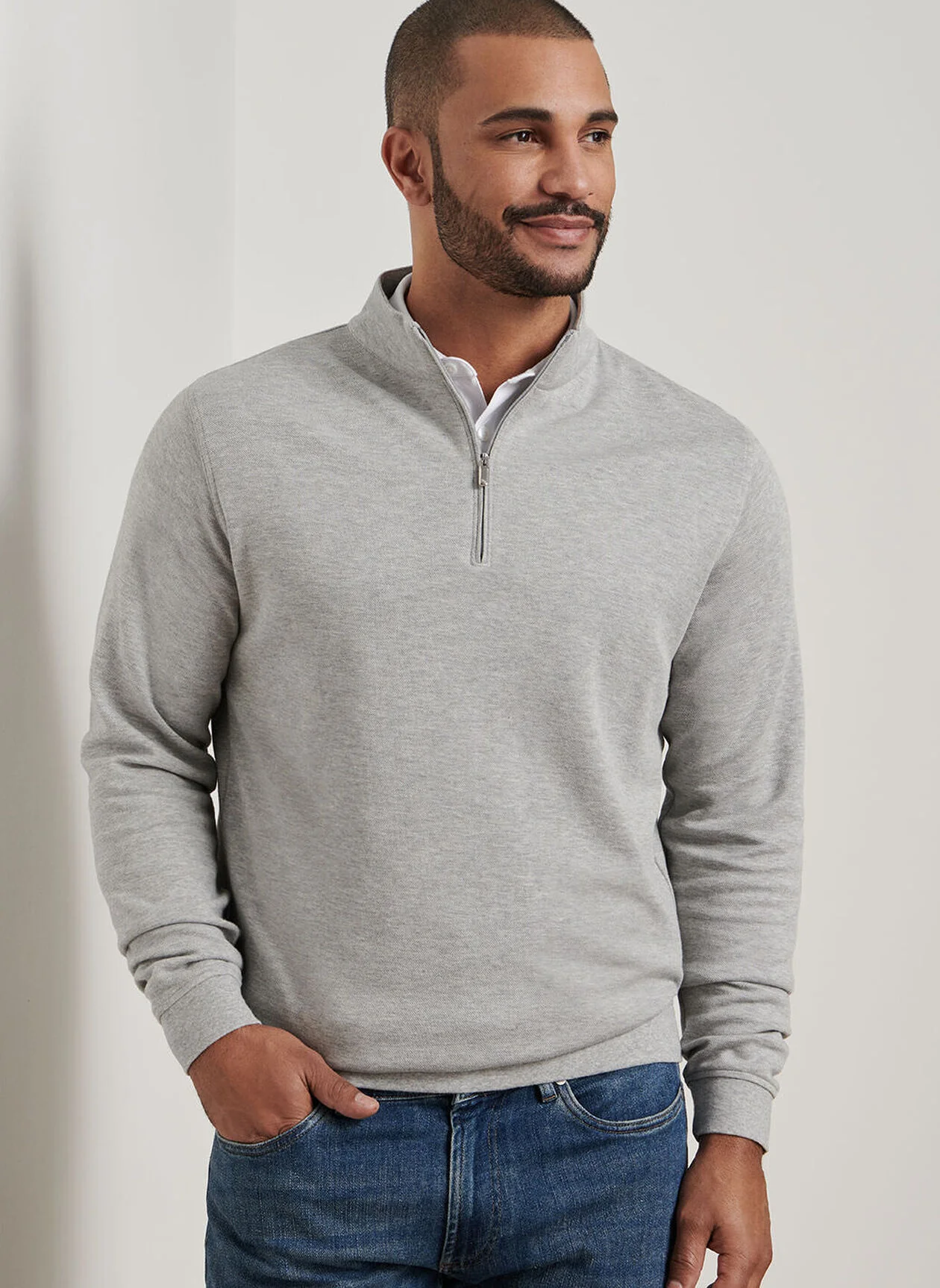 PETER MILLAR Crown Comfort Pique Quarter Zip Sweater - Men's Classic Fit - Light Grey - Image 3