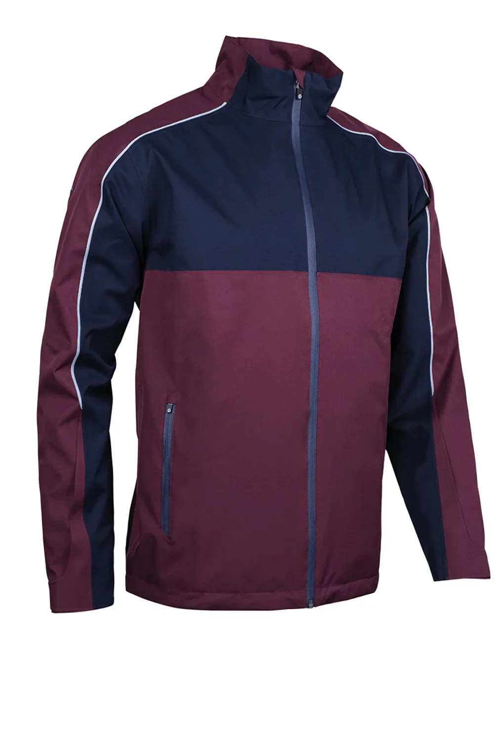 SUNDERLAND Matterhorn Men's Chest and Sleeve Panel Waterproof Golf Jacket - Men's - Mulberry / Navy / Silver