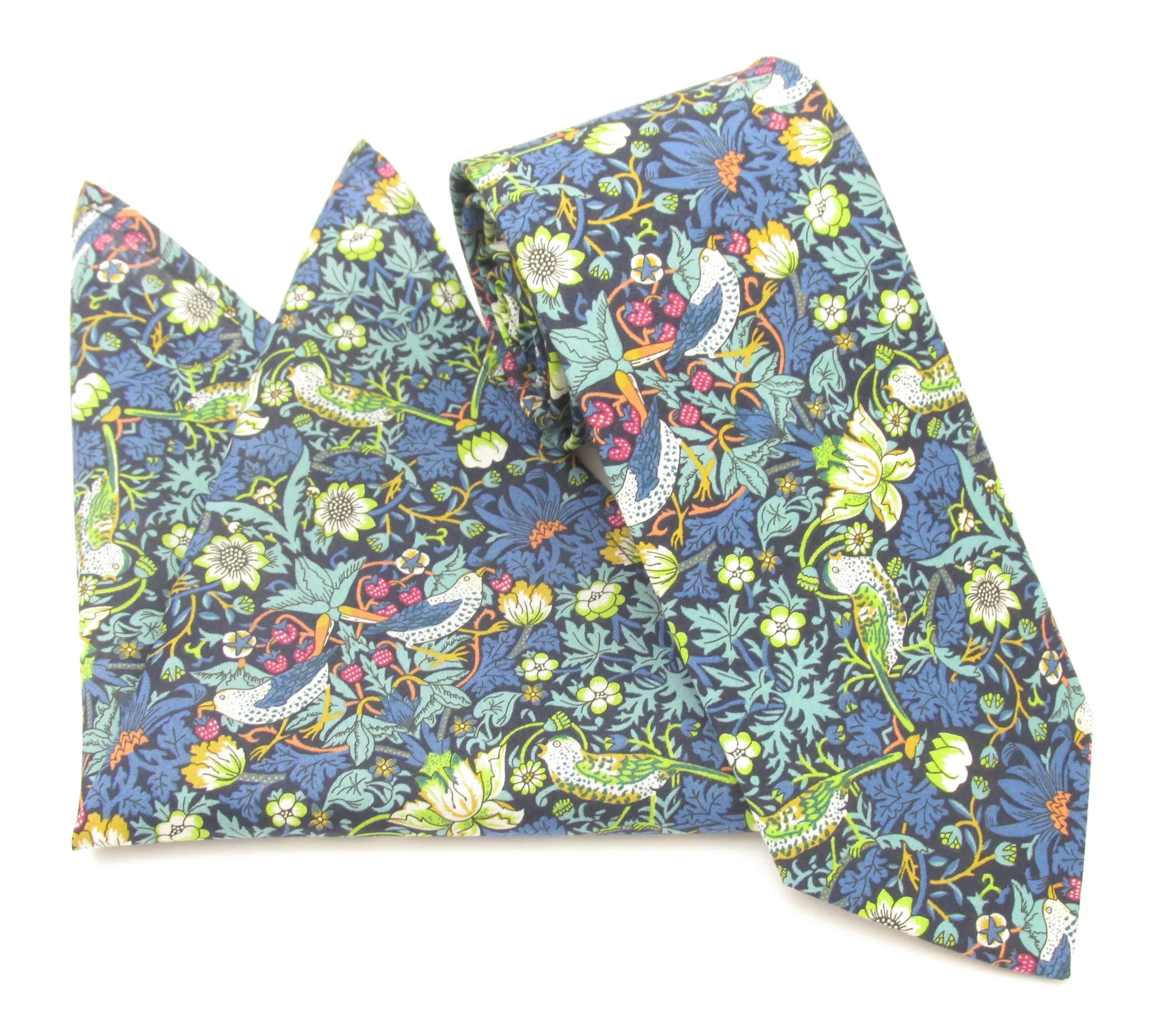 VAN BUCK Liberty Print Cotton Tie & Pocket Square - Strawberry Thief Green - Image 2